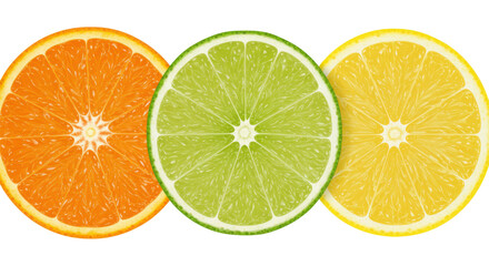 Fototapeta premium Vibrant citrus fruit slices arranged in a row isolated on white background showcasing bright colors and textures