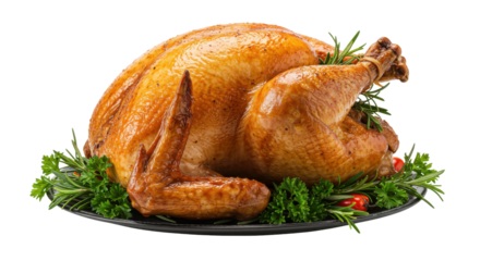 Golden-brown roasted turkey garnished with herbs isolated on white background on a festive platter for Thanksgiving