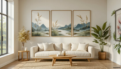 A modern living room showcases a comfortable sofa, framed landscape art, and a calm, neutral design.