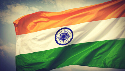 The Indian flag, a tricolor of saffron, white, and green, waves proudly against a cloudy sky.