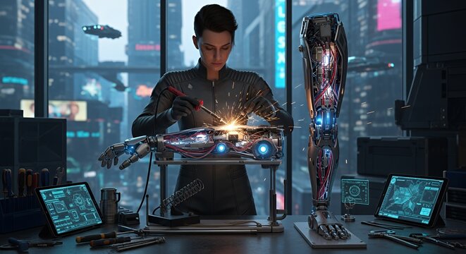 Cyberpunk Robotic Arm Repair: A Futuristic Technician's Workshop - Powered by Adobe