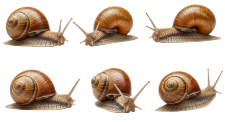 Close up of various snail poses isolated on white background on textured surface