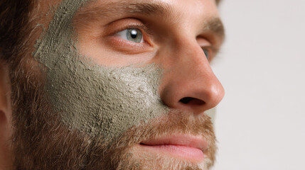 Man with green clay mask on face, close up skincare routine