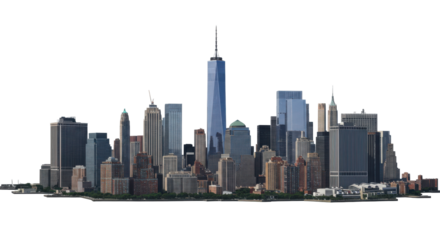 Panoramic view of a modern city skyline with tall skyscrapers isolated on white background