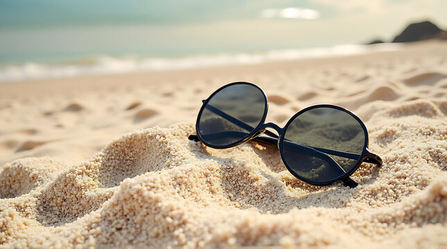 Sunglasses resting on the sand at a beautiful beach creating a relaxing summer vibe