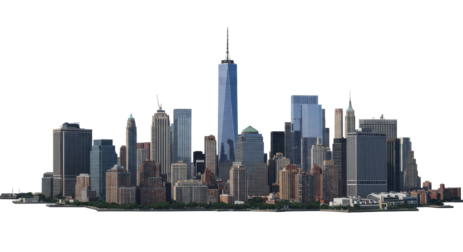 Panoramic view of a modern city skyline with tall skyscrapers isolated on white background