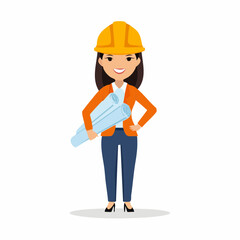 Female Engineer with Blueprints - Vector Illustration