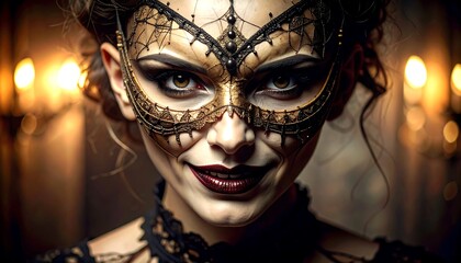 Enigmatic masquerade portrait capturing intense gaze and ornate mask details, evoking mystery and