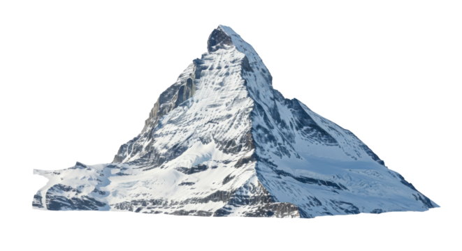 Majestic snow capped mountain peak isolated on white background with surrounding glaciers