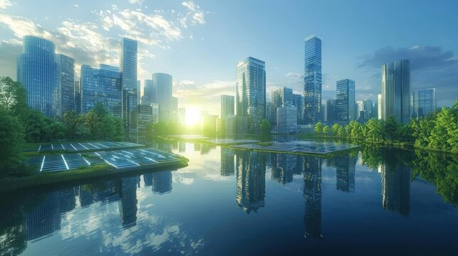 A futuristic cityscape reflects in a calm lake at sunrise. Tall skyscrapers dominate the background, their glass facades gleaming in the golden light. 