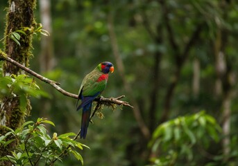Fototapeta premium A colorful parrot perches in the lush forest, vibrant feathers blending with nature's palette.