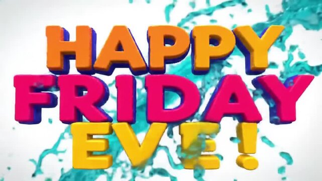 bold Happy Friday Eve text with liquid splash animation on white background