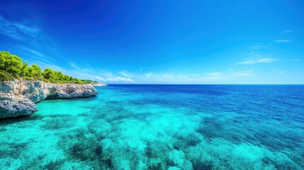Fototapeta premium Vibrant turquoise ocean water with clear visibility and gentle waves near rocky coastline under bright blue sky with scattered clouds and lush green trees in the background