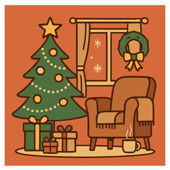 Cozy Christmas Tree by Window with Gifts – Flat Vector Illustration