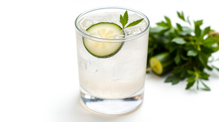 Fototapeta premium Isolated close-up of a gin tonic with cucumber slice on a white background Cocktails Cucumbers