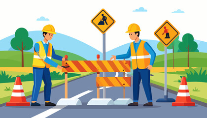 Road Work Ahead: Construction Crew Safety Barrier Illustration