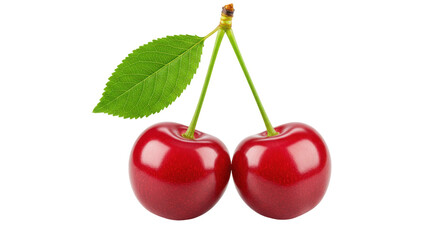 Fresh red cherries with green leaves isolated on white background perfect for food photography