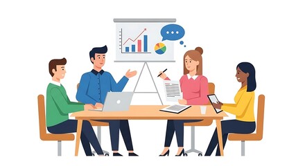 Diverse Business Team Collaborating in a Meeting, Analyzing Data on a Whiteboard with Charts and Graphs, Fostering Teamwork and Strategic Discussion