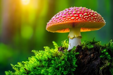 Vibrant mushroom in lush green forest