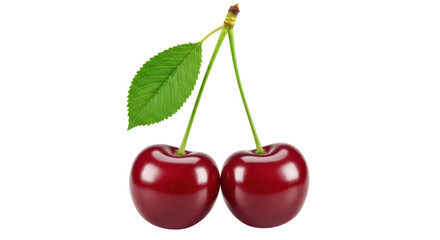 Two ripe cherries with green leaves isolated on white background