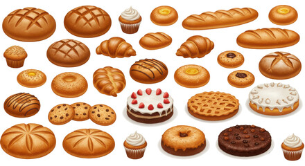 Assorted baked goods including breads pastries and desserts isolated on white background neatly displayed