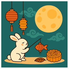 Rabbit with Fish Lantern under Full Moon – Mid-Autumn Flat Vector