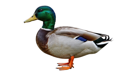 Obraz premium A vibrant male mallard duck stands gracefully isolated on white background showcasing its colorful plumage and natural beauty perfect for wildlife photography
