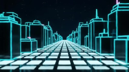 Journey down a glowing grid road through a futuristic neon city with wireframe buildings under a starry night sky. A retro-futuristic virtual reality metaverse concept illustration. - Powered by Adobe