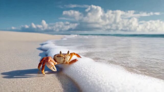 Beach Crab's Coastal Escape: A captivating close-up reveals a crab on a sandy beach, a mesmerizing coastal scene, capturing the serene dance of nature's elements with ocean waves.