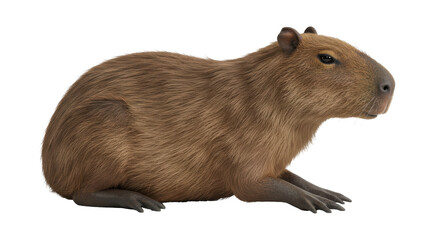 Realistic depiction of a capybara resting isolated on white background showcasing its features