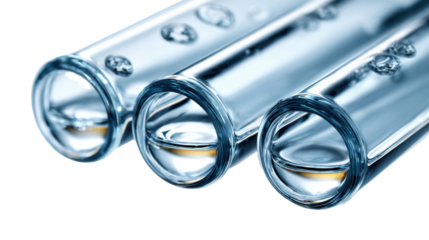 “Close Up of Laboratory Test Tubes with Clear Liquid – Scientific Research, Chemistry, and Medical Analysis Concept on white background”