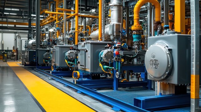 A large industrial chiller system is installed in a modern, high-ceilinged factory. The system consists of multiple pumps, compressors, and heat exchangers, arranged along a blue metal frame. 