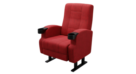 Comfortable red theater chair with cup holders set against a blurred cinema background isolated on white background