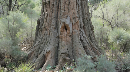Obraz premium Rugged Tree Trunk Surrounded by Thorny Shrubs and Greenery.