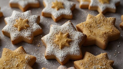 A delicious close up of star-shaped Christmas shortbread cookies, generously dusted with powdered sugar on a clean surface. Holiday baking concept