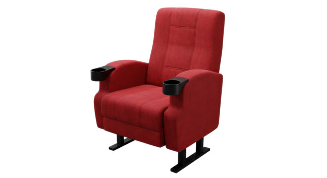Comfortable red theater chair with cup holders set against a blurred cinema background isolated on white background - Powered by Adobe