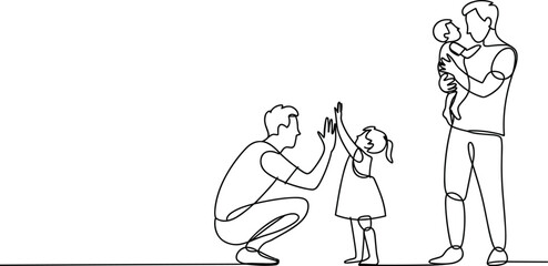 Happy family bonding, two dads playing with kids, parenting moments, fatherhood love, modern family lifestyle, LGBT parenting concept illustration