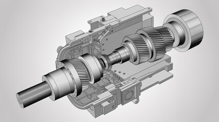 A detailed cutaway illustration of a gearbox showcasing the internal gears and mechanical components, isolated on white background