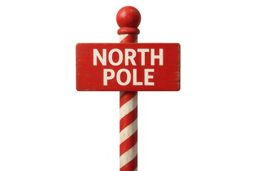 Festive north pole wooden signboard with red and white coloring, transparent background highlighting holiday cheerfulness