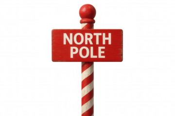 Festive north pole wooden signboard with red and white coloring, transparent background highlighting holiday cheerfulness