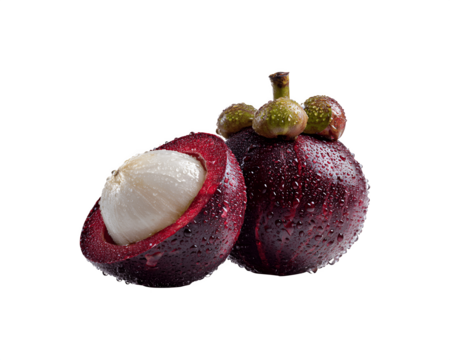 A fresh mangosteen fruit with one half sliced open, covered in water droplets