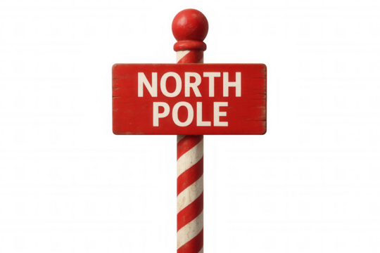 Festive north pole wooden signboard with red and white coloring, transparent background highlighting holiday cheerfulness