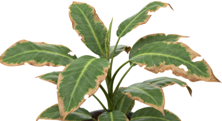 Lush indoor plant with vibrant green leaves showing signs of natural aging and decay isolated on white background