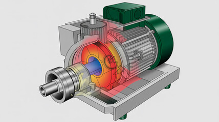 Illustration of an electric motor showcasing the rotor, stator, and cooling fan, rendered with technical precision and detail