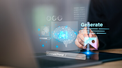 Concept of AI-generated content with neural brain interface and command prompt, representing artificial intelligence, digital creativity, machine learning, automated image generation technology.
