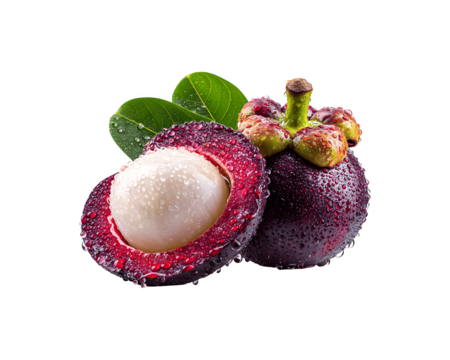 A fresh mangosteen fruit with one half sliced open, covered in water droplets