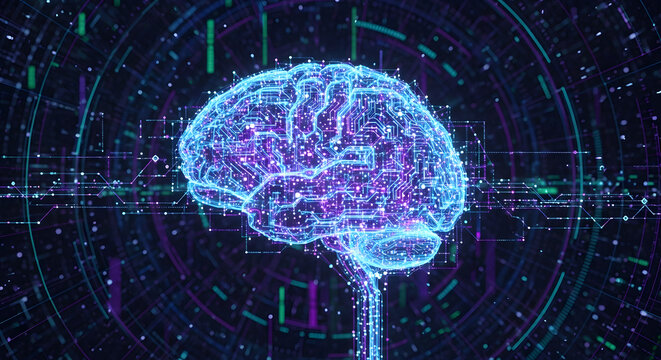 Glowing blue and purple digital brain illustration with neon circuits on a dark background with grid lines and futuristic interface elements.