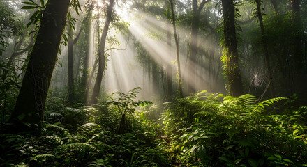 Obraz premium Misty forest scene with sunbeams filtering through trees and ferns