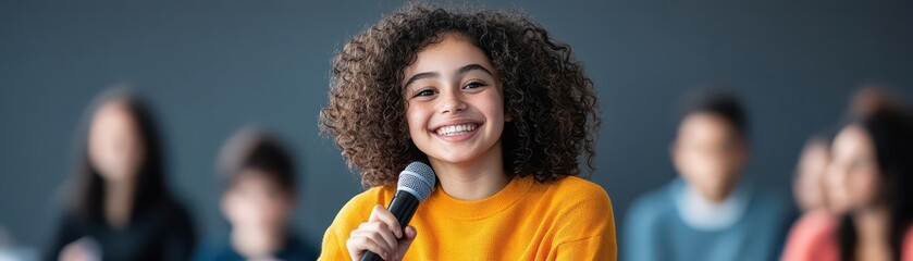 Young girl smiling happily holding microphone du presentation in classroom with attentive classmates in background, teaching, education, communication, youth