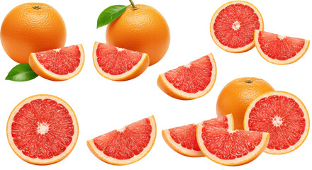 Fresh oranges and grapefruits arranged artistically isolated on white background showcasing vibrant colors